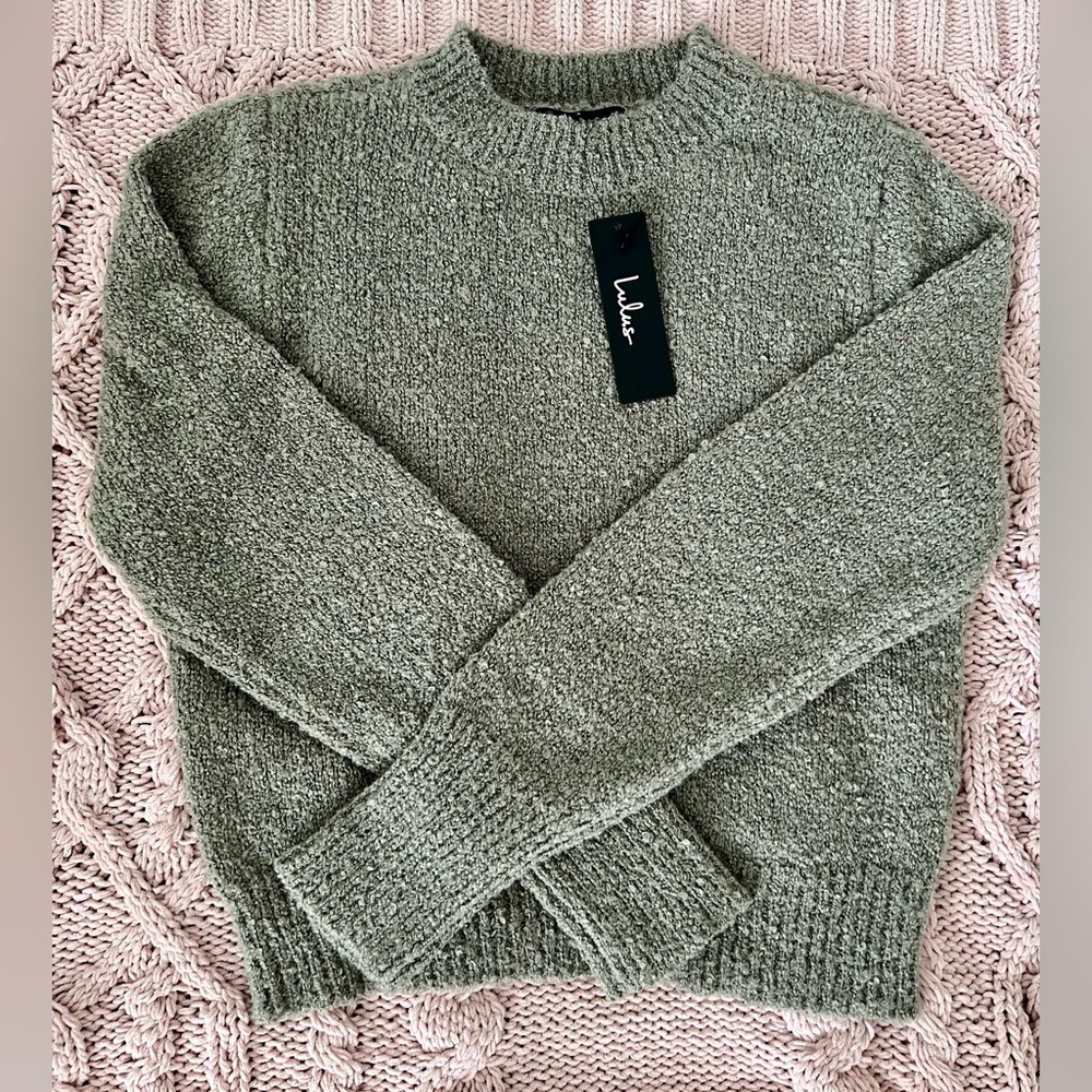 Lulus Enviably Cozy Sage Green Boucle Knit Crew Neck
Pullover Sweater
